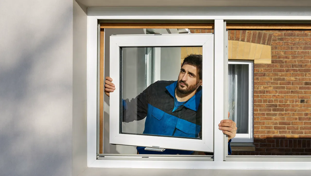 Installer fitting a new uPVC window into a UK home