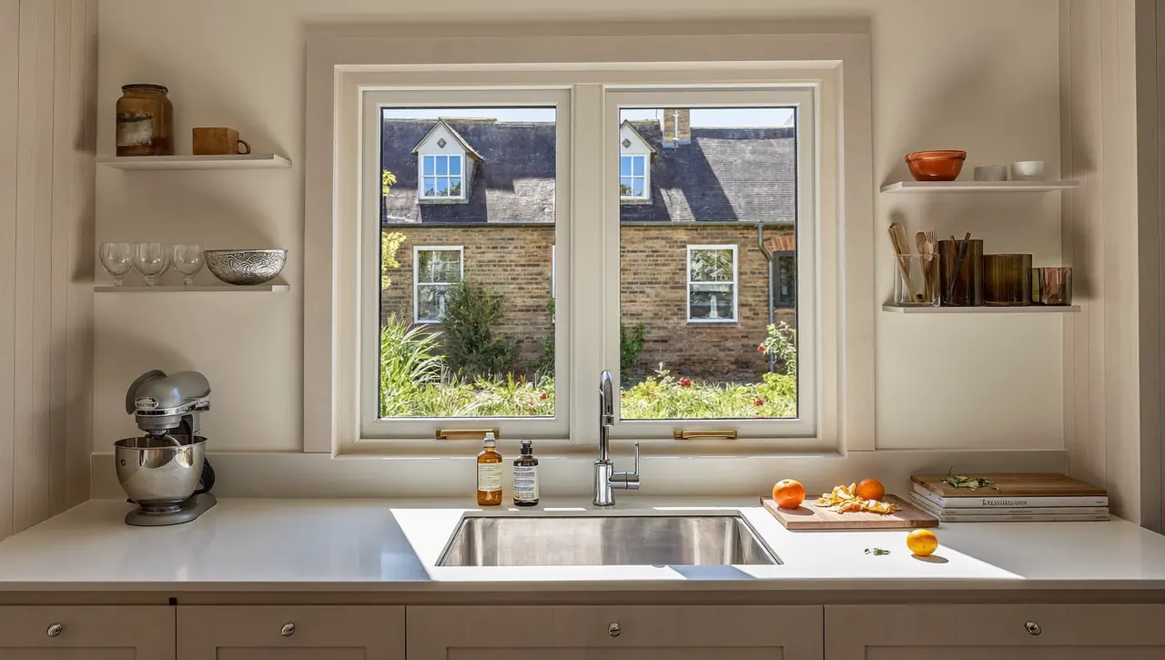 Bright modern kitchen interior with a uPVC window above the sink