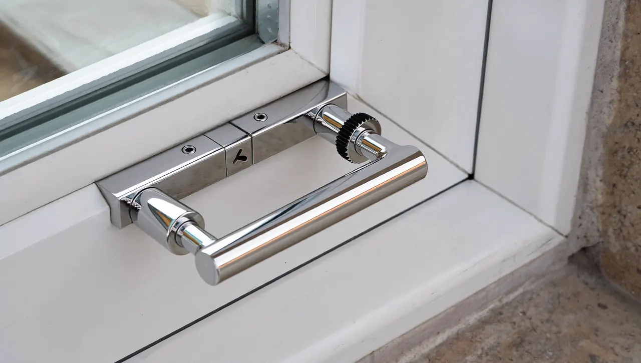 Close-up of a uPVC window handle and hinge being maintained